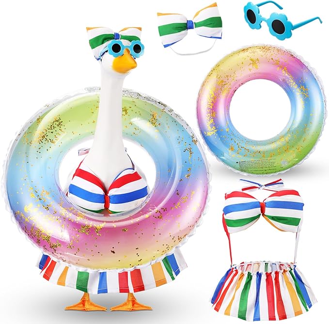 Bikini Porch Goose Outfits with Sunglasses and Swimming Tube for 23" Summer Goose Costume Garden Patio Statue Decor(Rainbow)