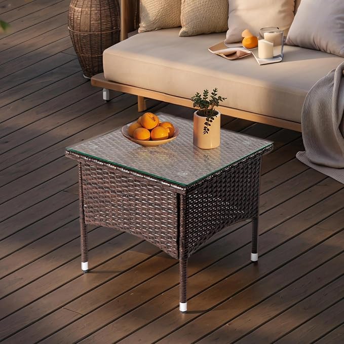 HOMSUPPLIE'S Outdoor Side Table, Patio Wicker End Table with Tempered Glass Top, Rattan Coffee Table for Balcony, Porch, Deck & Poolside, All-Weather(Brown,Tempered Glass sty.1)