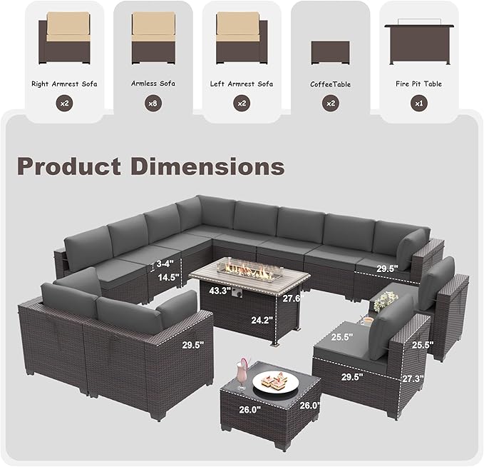 Patio Furniture Set with Fire Pit Table 15 PCS Outdoor Sectional Furniture Rattan Patio Conversation Set with 43in Propane Gas Fire Pit Table and Glass Table, Grey