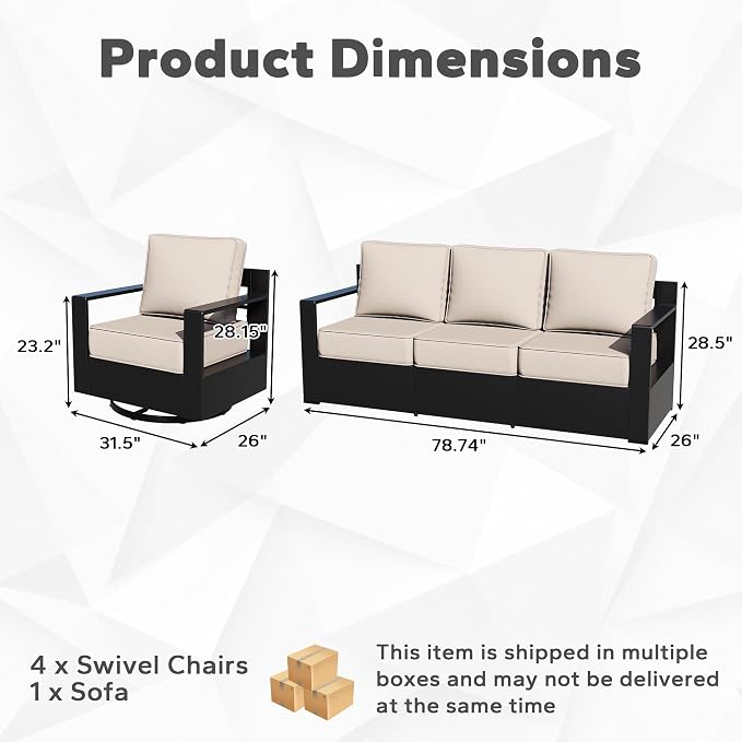 Outdoor Aluminum Furniture Set, 5-Piece Patio Conversation Set, 4 Swivel Chairs and 1 Sofa, All-Weather Metal Frame, 6" Thick Removable Cushions, Deep Setting for Garden, Poolside and Porch