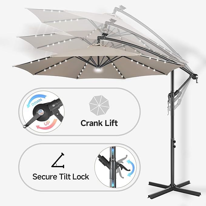 Solar Offset Patio Umbrella - 10 FT Solar Cantilever Umbrella Outdoor with 40 LED Lights and Cross Base, UV Protection for Garden, Deck, Backyard, Pool, Porch, Taupe
