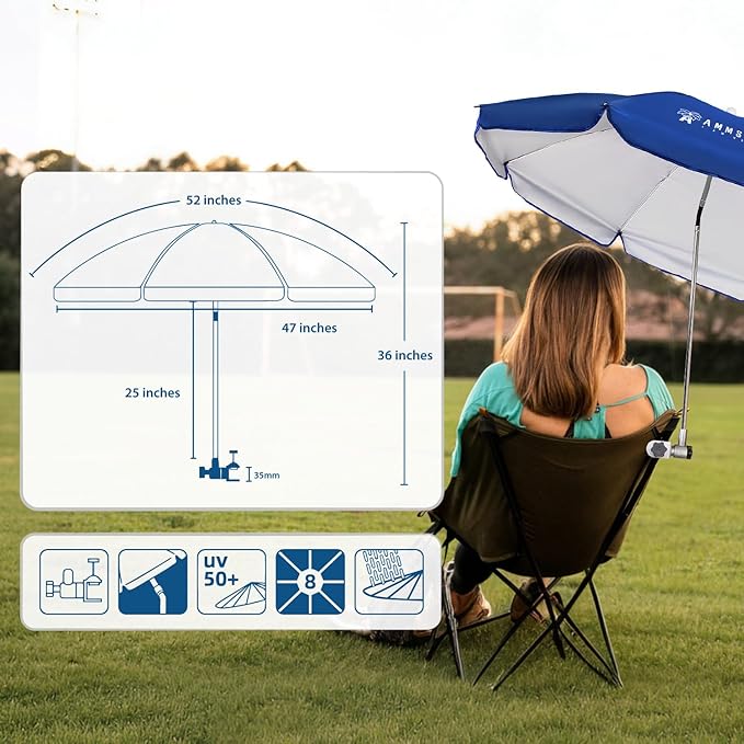 AMMSUN Chair Umbrella with Universal Clamp Adjustable 47 inches and 360° Swivel & UPF 50+ Protection Portable Sun Umbrella, Secure Clip on Camping/Beach Chairs, Stroller, Wheelchair, Golf cart, Lounger, Blue, 2 PACK