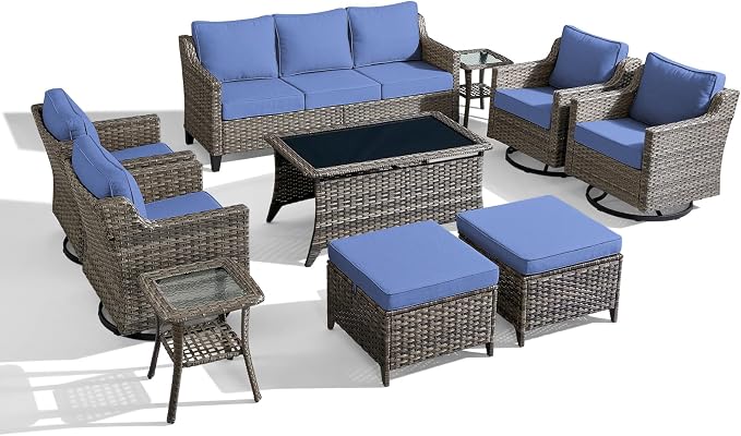 Luxury Patio Furniture sofa Set - 10 Pieces All Weather Wicker Outdoor Couch and High Back Swivel Rocker Patio Chairs with Glass coffee table for Deck Yard and Poolside Gray Wicker | Blue Cushions