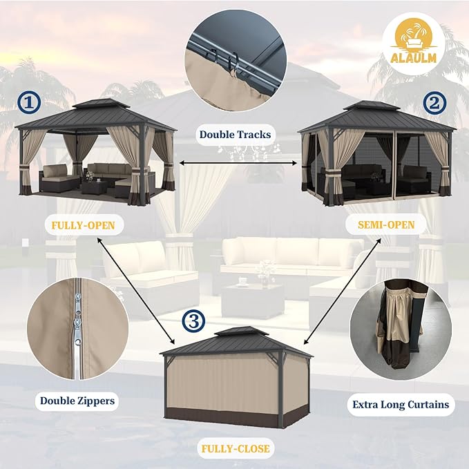 ALAULM 12'x14' Hardtop Gazebo, Outdoor Double Roof Canopy with Netting and Curtains, Galvanized Metal Frame, Sunshade for Patio, Backyard, Deck and Lawns-Sand