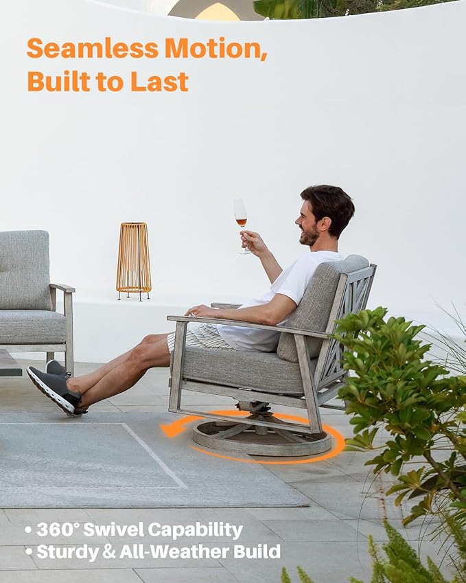 Outdoor Patio Furniture Set, 4 Pieces Aluminum Swivel Chairs Patio Conversation Set with Cushions, All Weather Outdoor Sectional Couch Sofa Set for Deck, Lawn, Poolside, Backyard, White Oak