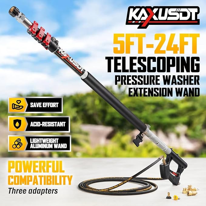 24 FT Pressure Washer Extension Wand, Power Washer Extension Wand with Gutter Cleaner Tools, Brush Head, 7 Spray Nozzle Tips, Support Belt and 2 Hose Adapters, Easy Cleaning from Ground