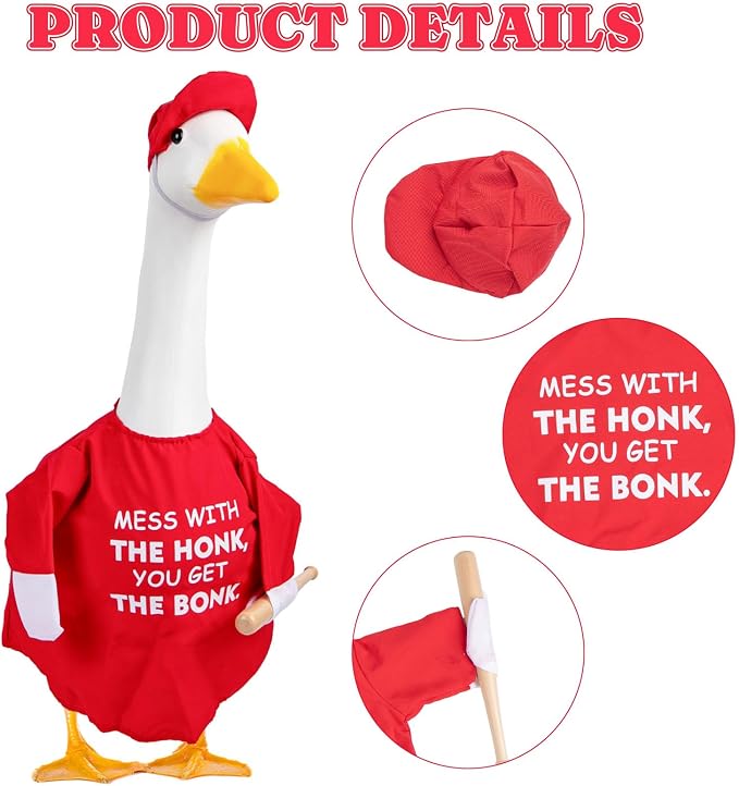 CAMDUCK Funny Porch Goose Outfit for 23 Inch Goose Statue, Mess with The Honk You Get The Bonk Goose Clothes, Decorative Lawn Geese Costume Clothing for Outdoor Decor (Red)