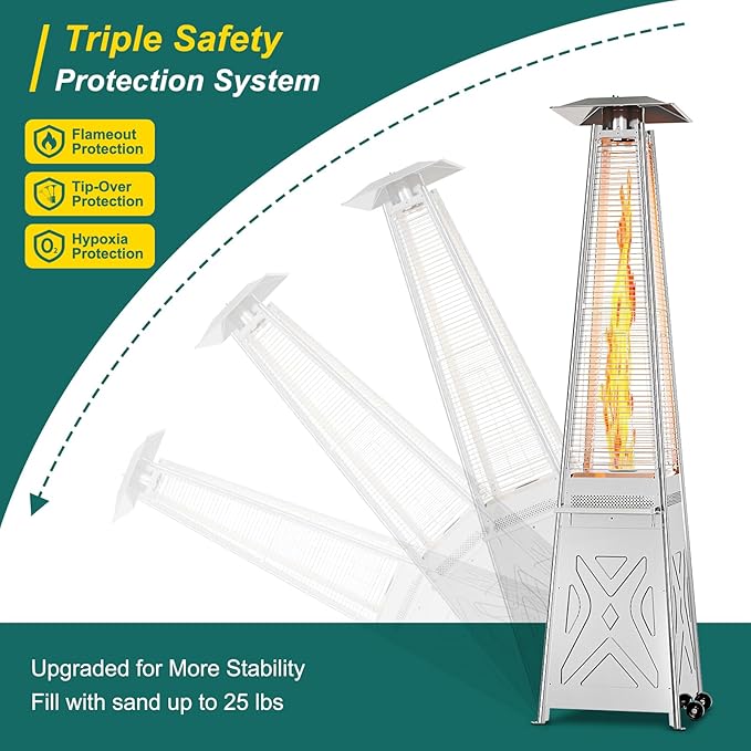 GarveeLife 42,000 BTU Pyramid Patio Heater, Glass Tube Propane Patio Heater with Wheels, Stainless Steel Outdoor Propane Heaters for Backyard, Garden, Patio, Porch and Pool