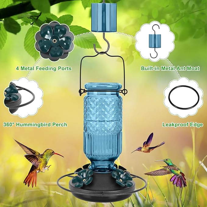 FEED GARDEN Glass Hummingbird Feeder for Outdoors, 16oz with Bee Guards & Ant Moat, Leak-Proof, Blue
