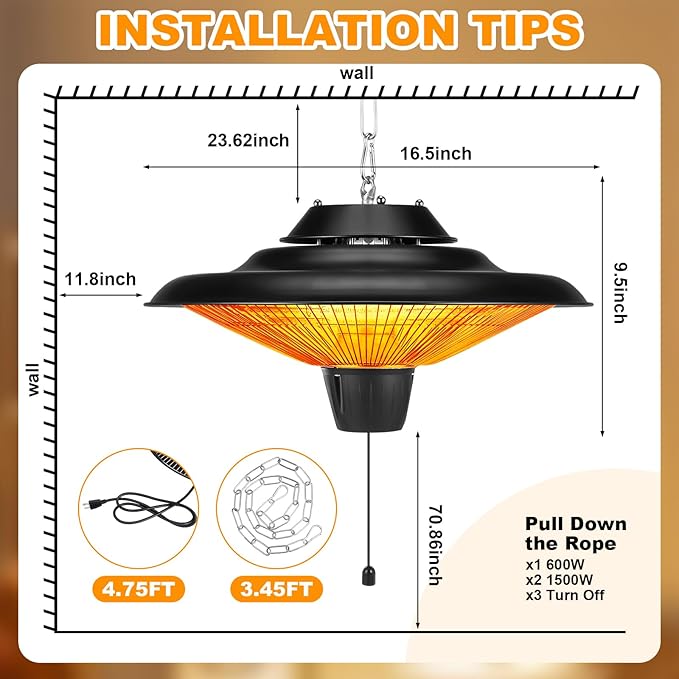 Glooglitter Outdoor Hanging Patio Heater 1500W Electric Hanging Ceiling Mounted Infrared Heater with Storage bag 3s Fast Heating, Quiet, Adjustable Chain, for Home Garage Balcony Studio