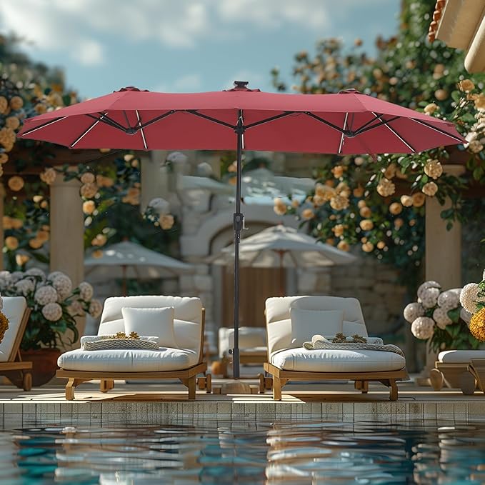 GREEN PARTY 13ft Outdoor Patio Umbrella with Solar Lights, 120 LED 12-Mode Large Double Sided Rectangular Table Umbrella, Heavy Duty Triple-Head Shade for Backyard Deck & Poolside, Burgundy(No Base)