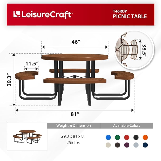 Leisure Craft Metal Picnic Table with Bench - 46" Round Outdoor Dining Table for 8 with Umbrella Hole, Weatherproof Heavy Duty Thermoplastic Coating, Commercial Grade Furniture Made in USA - Brown