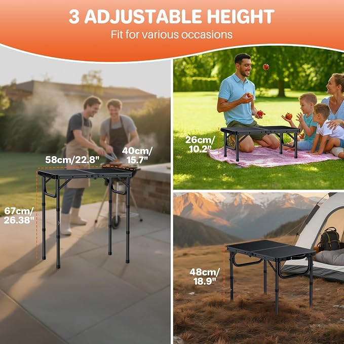 FUNYKICH 2ft Small Foldable Camping Table(22.8'' Lx15.7'' W), 3 Height Adjustable Portable Folding Table, Lightweight Aluminum Outdoor Table with Carry Handle for Camping, Beach, Picnic, Black