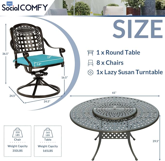 9-Piece Patio Cast Aluminum Dining Set, Outdoor Dining Furniture Set for 8 Person, Includes 8 Swivel Dining Chairs and 61" Round Dining Table w/ 31" Lazy Susan, Umbrella Hole, Ocean Blue