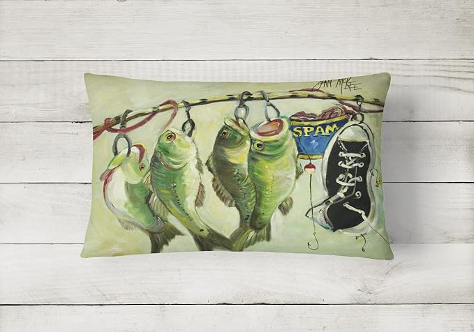 Caroline's Treasures JMK1113PW1216 Recession Food Fish Caught with Spam Canvas Fabric Decorative Pillow Machine Washable, Indoor Outdoor Decorative Pillow for Couch, Bed or Patio, 12HX16W