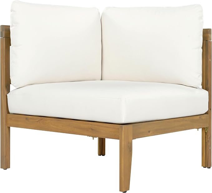Merax Outdoor Acacia Wood 5-Seater Sectional Sofa Set with Cushions, Solid Wood Patio Modular Lounge with Corner & Table for Balcony, Deck, Porch, Garden, Beige + Light Brown