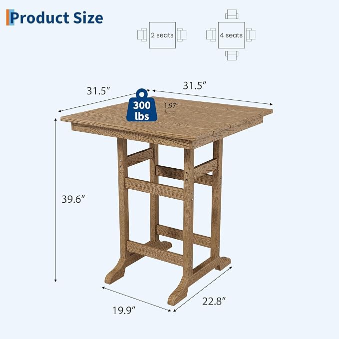 Takywep 31.5" Square HDPE Wood Grain Outdoor Bar Table, 39.6" High Weatherproof Pub Table for Patio and Poolside, Tall Bistro Table with 300 Lb Weight Capacity and Umbrella Hole, Brown