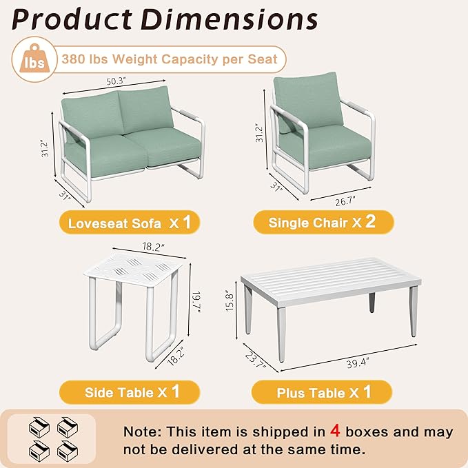 Aluminum Outdoor Patio Furniture Set, 4-Piece Conversation Sofa Set with Coffee Table, Thick Cushions & All-Weather Aluminum Frame, Modern Garden Seating for Backyard, Poolside, or Porch – White