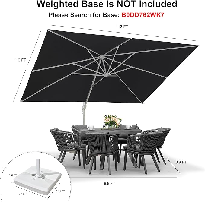 PURPLE LEAF 10' × 13' Patio Umbrella White Cantilever Umbrella Aluminum Square Outdoor Offset Umbrella Hanging Windproof with 360° Rotation for Garden Deck Pool, Grey