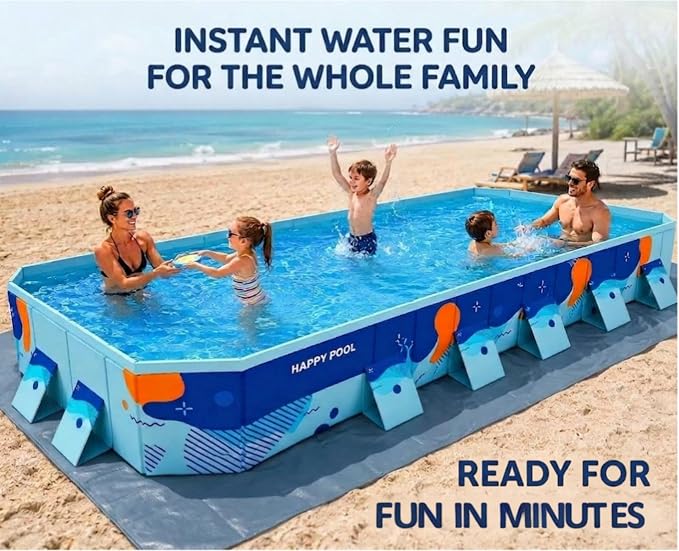 10 FT Non-Inflatable Foldable Pool, Reinforced Panel Support, 4-Layer Anti-Puncture Material, Dual Drain, Outdoor Water Play Pool for Family Kids Pets Backyard Slide Combo Use