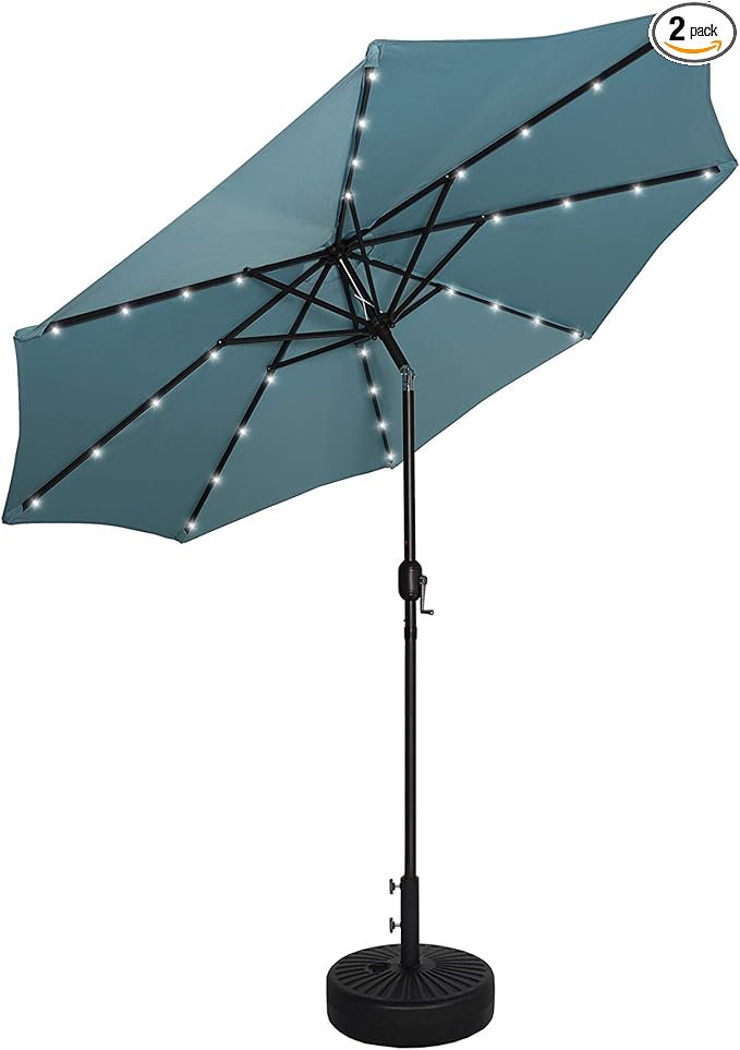 WO Home Furniture 9 Ft Patio Solar Power LED Lights Market Umbrella with Black Color Round Free Standing Weight Base kit, Turquoise