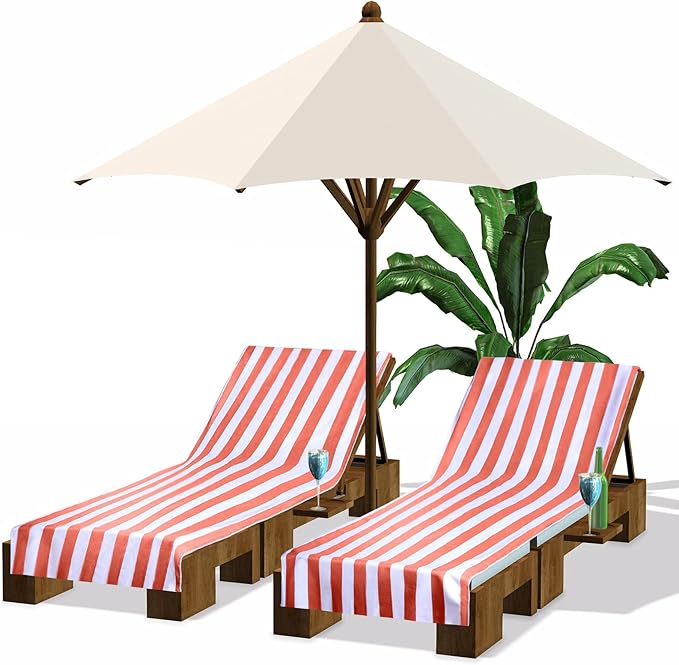 Fumete 2 Pack Lounge Chair Covers 30 x 85 Inch Pool Chaise Lounge Towels Microfiber Beach Chair Towel Portable Striped Outdoor Patio Furniture Cover for Sunbathing Picnic Spa(Orange)