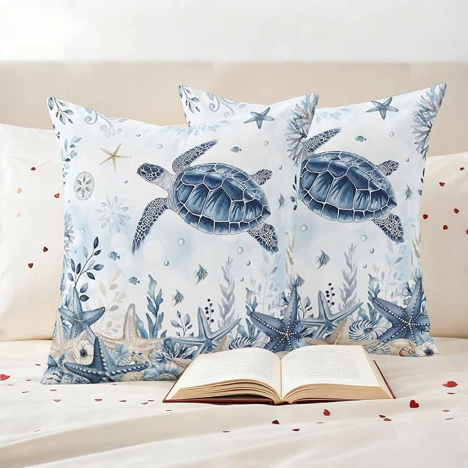 Pack of 2 Blue Turtle Coastal Outdoor Pillow Covers Decorative, Beach Starfish Waterproof Pillow Protector, Nautical Coral Botanical Throw Pillowcases Accent Cushion Cases for Patio Couch Sofa 16"x16"