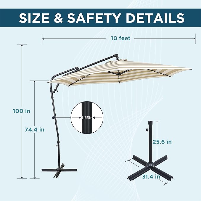 10FT Offset Patio Umbrella, Cantilever Hanging Umbrella with Infinite Tilt, Fade-Resistant Water-Repellent Canopy & Cross Base for Yard, Garden & Deck