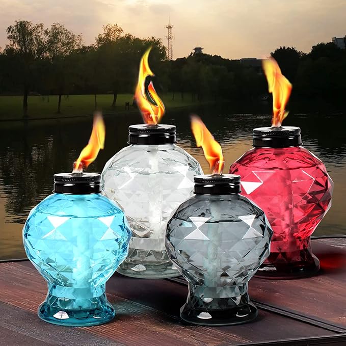 4 Pack Glass Table Torch,Citronella Glass Table top Torches with Wick and Cap for Outdoor ,Refillable Torches Landscape Lanterns Torches for Yard Patio Christmas Garden,Party Decor