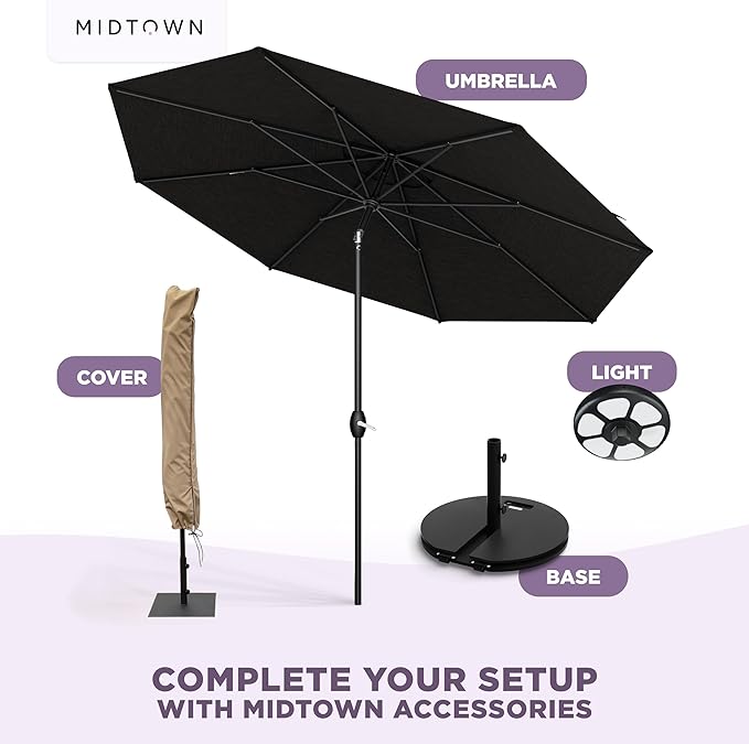 Midtown Umbrellas - The Lean 9 Ft Patio Umbrella with Fade-Resistant Sunbrella Fabric, Auto-Tilt Aluminum Frame and 8 Reinforced Ribs for Deck, Pool & Garden - Spectrum Carbon Canopy, Black Pole