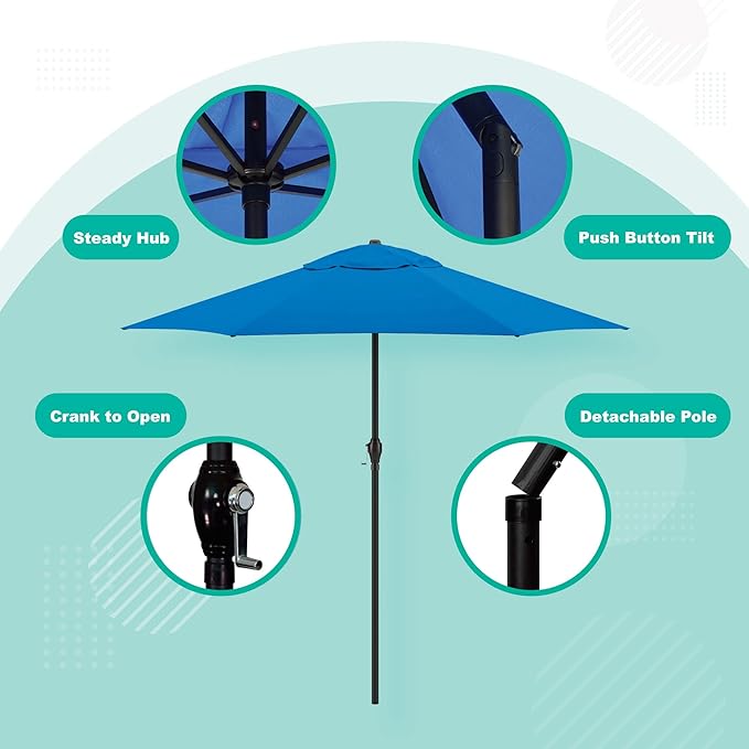 Sunline 9 ft Patio Umbrella with Crank & Push Button Tilt, Outdoor Market Umbrella with UV Protection & Wind Vent, Metal Frame for Deck, Pool & Table, Pacific Blue