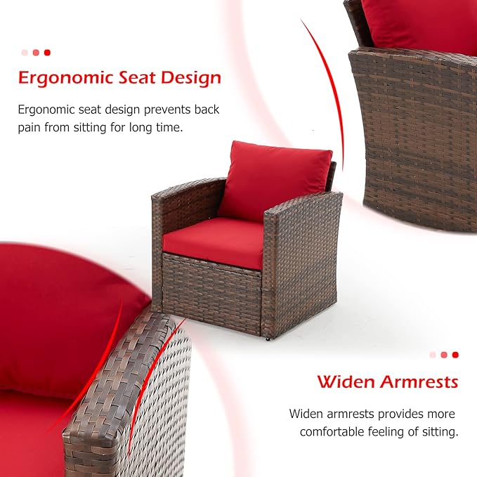 AECOJOY 7 Pieces Patio Furniture Set with Two Storage Boxes, Outdoor Wicker Sectional Sofa, All-Weather Rattan Conversation Set for Garden, Backyard, Red Cushion&Brown Rattan