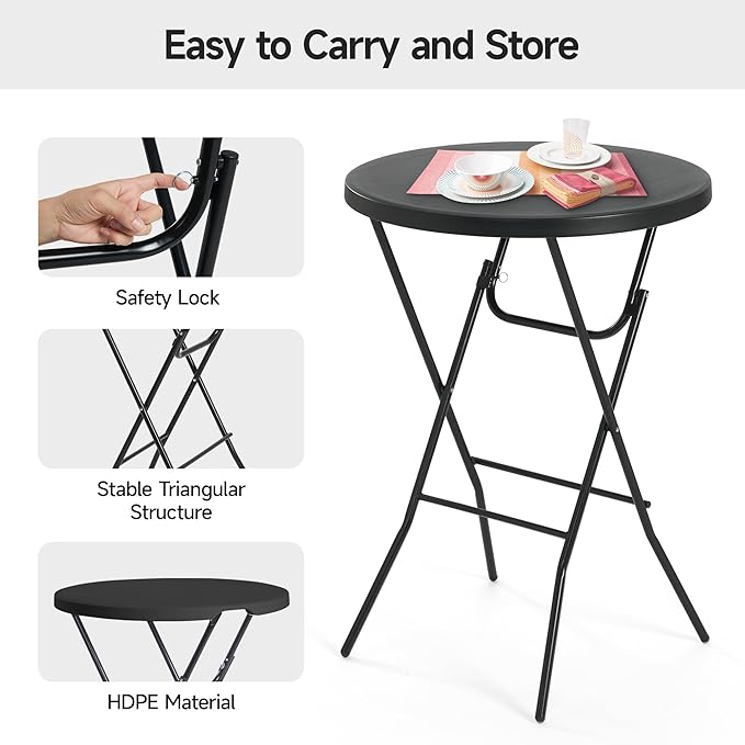 32'' Round Folding Table, HDPE Portable Bar Height Table with Removable Legs for Indoor Outdoor Wedding Event, Gathering, Parties, Commercial Events, Black