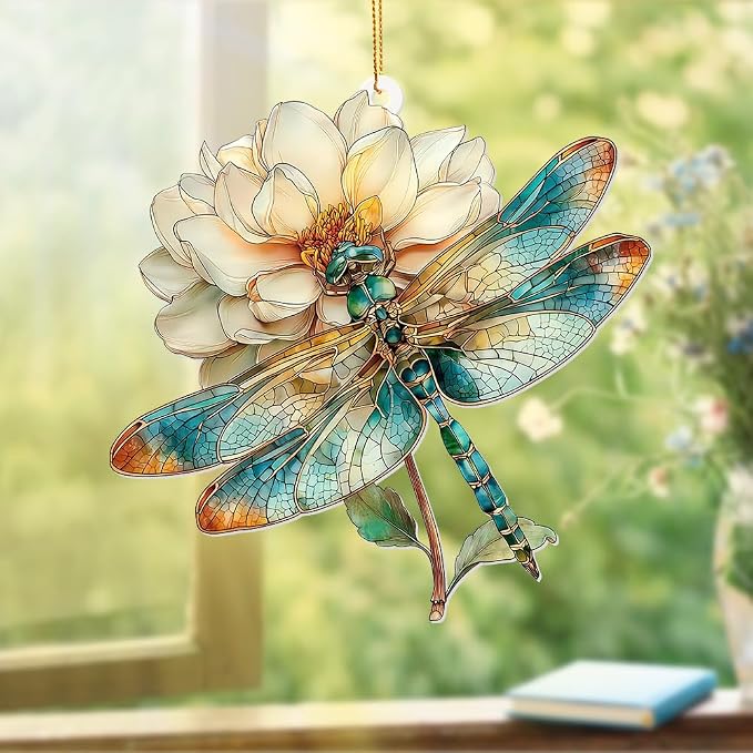 Dragonfly Ornament Stained Glass Style – Acrylic Window Hanging Suncatcher with Flower, Dragonfly Gifts for Women, Christmas Tree Ornament, Whimsical Home & Garden Décor(Sun-21)