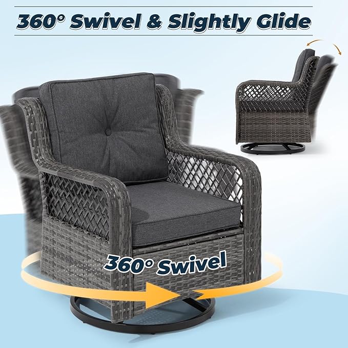 3 Pieces Patio Swivel Chairs, Wicker Patio Conversation Sets with Rocking Chair, Side Table for Outdoor Garden Porch Backyard(Dark Grey)
