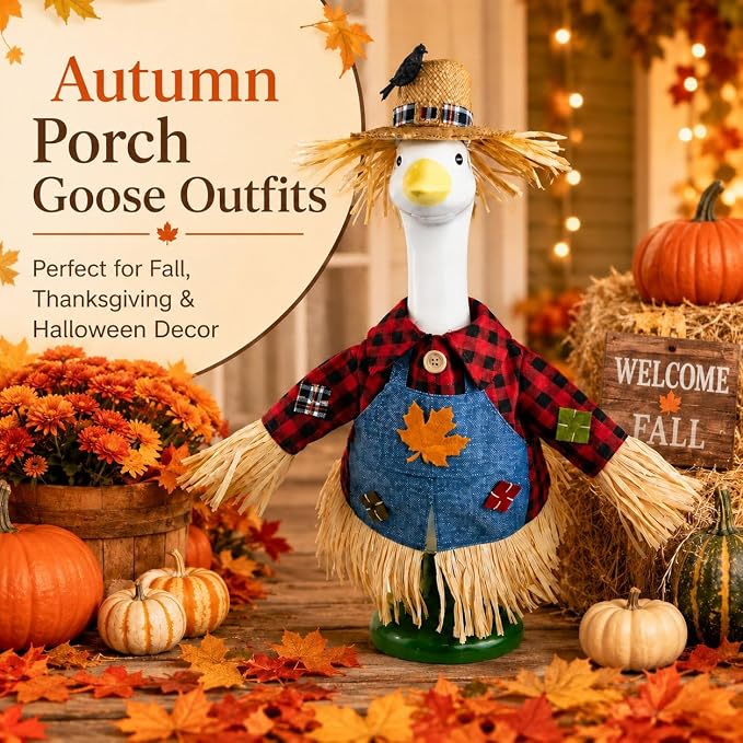 STONESTAR Scarecrow Porch Goose Outfits, Fall Thanksgiving Lawn Goose Statue Scarecrow Costume for 23" Lawn Geese, Autumn Halloween Goose Clothes for Outdoor Garden Patio Yard Decor