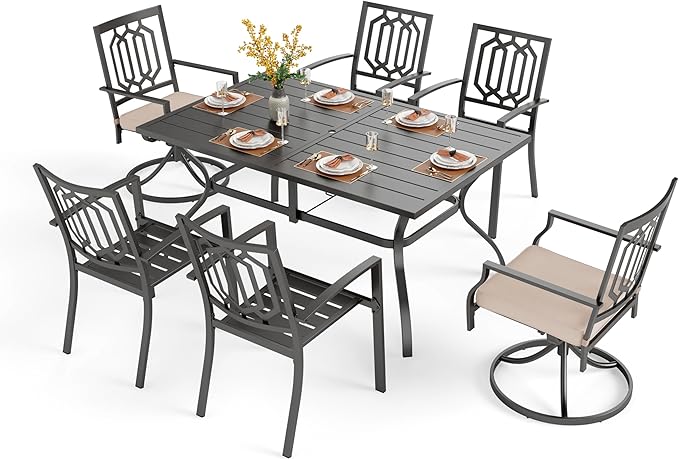 PHI VILLA 7 Pieces Outdoor Dining Set for 6, 60” Black Rectangular Metal Table with Umbrella Hole & Fixed Swivel Chairs Combo, Heavy-Duty Furniture for Patio, Deck, Backyard, Porch