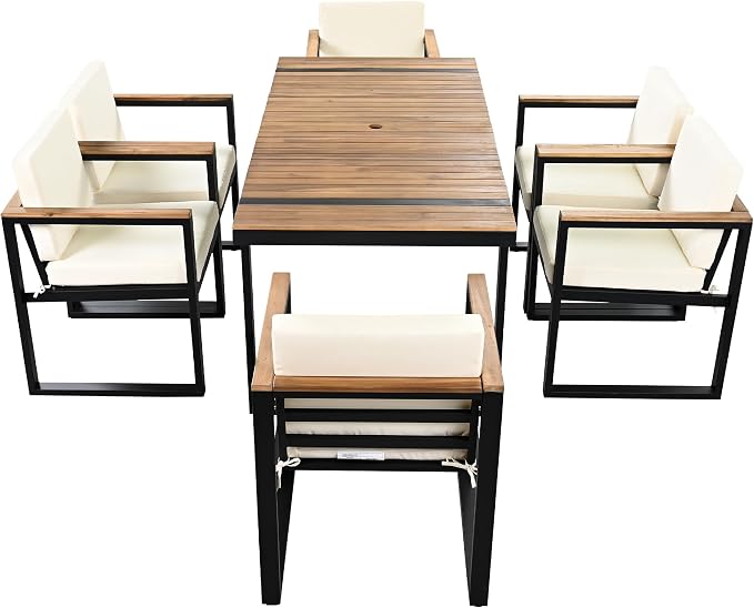 7 Pieces Outdoor Dining Set Patio Dining Table and Chair Set with and Removable Cushions for Patio, Backyard, Garden (Beige@40)
