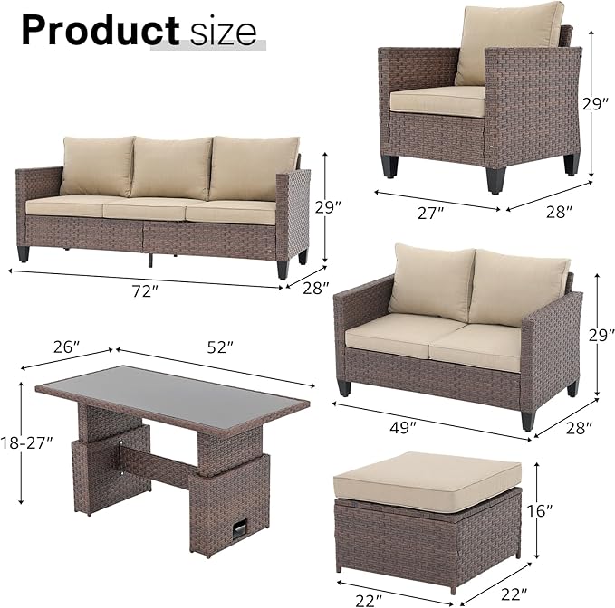 SUNSITT Outdoor Patio Furniture Set 7-Pcs Sectional Dining Set Wicker Conversation Set with Lift Coffee Table for Backyard Deck Poolside, Brown Rattan & Beige Cushion