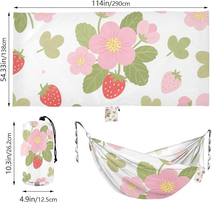 Cute Red Strawberries and Pink Flowers 330lb Capacity Hammocks with Portabl Carry Bag Tree Hammock for Outside Beach Patio Garden macas mexicanas de Patio para Adulto