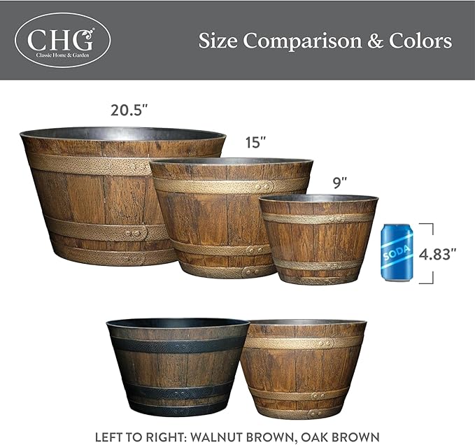 Classic Home and Garden Outdoor Round Whiskey Resin Flower Pot Barrel Planter, Distressed Oak Brown, 15" (Pack of 2)