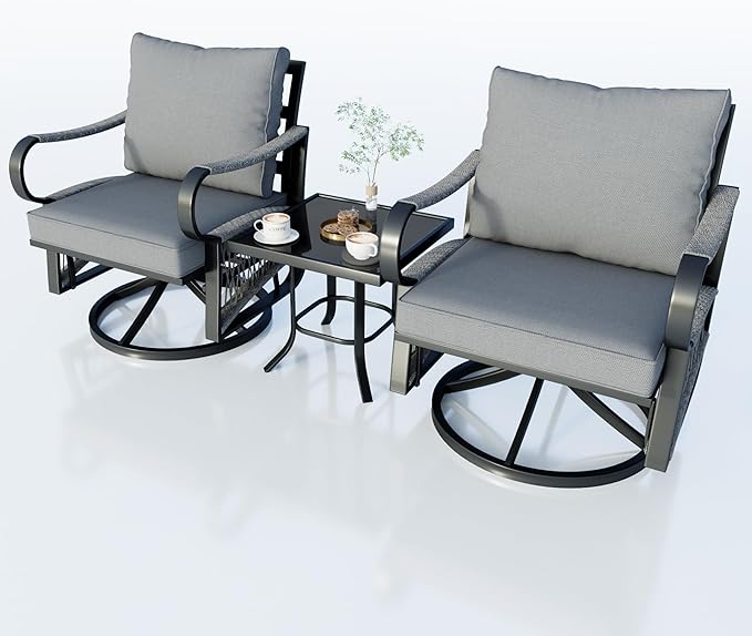 3 Pieces Glider Rocking Chairs, Outdoor Swivel Rocker Chairs with Thick Cushion, Patio Bistro Furniture Set with Side Table, Rope Conversation Sets for Porch Balcony Backyard Deck, Gray Cushions