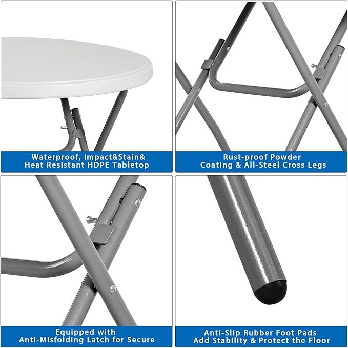 32 Inch Round Folding Table, Heavy Duty Folding 2.6FT Plastic Table for Outdoor Indoor, Metal Frame Thick Table Top Camping Picnic Table, White