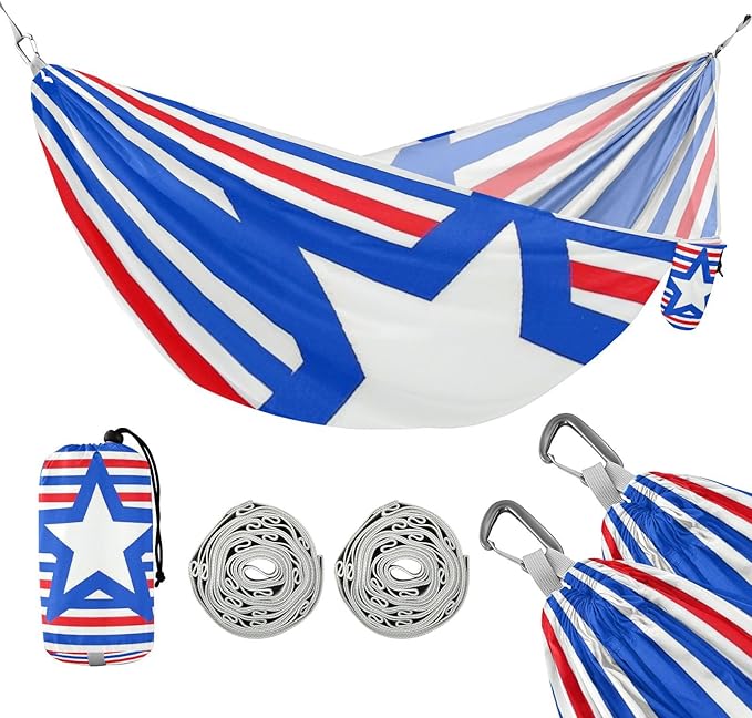 4th of July Independence Day Red and Blue Stars 330lb Capacity Outdoor Hammocks with Tree Straps Portable Hammock for Outside Camping Essentials para ir de Camping