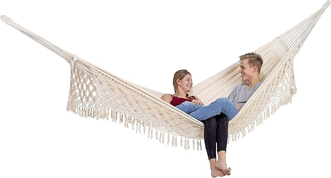 BYER OF MAINE Paradiso Hammock, Authentic Brazilian, Boho Style Natural, Recycled Cotton/Polyester Blend, Double, 142" L x 68" W, Holds up to 400lbs