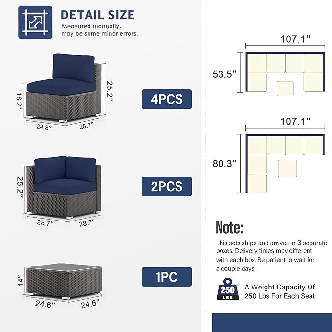SOLAURA 7 Pieces Outdoor Patio Furniture Set, Black Brown Rattan Outdoor Patio Sectional Conversation Set, Modular Sofa Set with Coffee Table, Navy Blue (Include Sofa Cover)