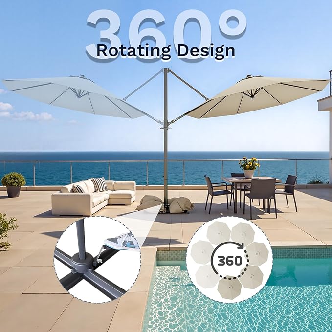 Devoko 10ft Solar LED Patio Umbrella, Round Cantilever Outdoor Umbrella with Solar Lights and 360-Degree Rotation, Large Hanging Offset Market Umbrella with Easy Tilt for Patio Deck Garden,Beige