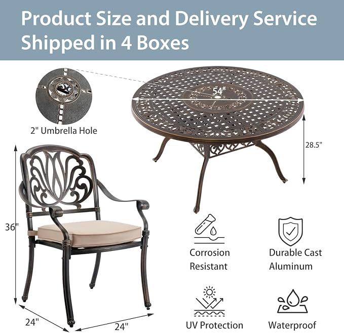 7-Pcs Cast Aluminum Patio Dining Set for 6, 54" Round Table,Bronze | Outdoor Furniture Set Include Dining Table and 6 Stackable Chairs with Cushions & Umbrella Hole