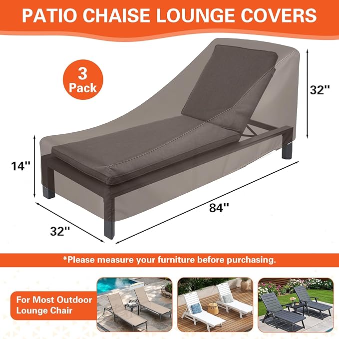 3 Pack Patio Chaise Lounge Chair Covers, Waterproof Patio Lounge Chair Covers 84x32x32 Inch with Storage Bags High-Tension Drawcord, All Weather Waterproof Anti-UV No Fading for Outdoor Lawn Furniture