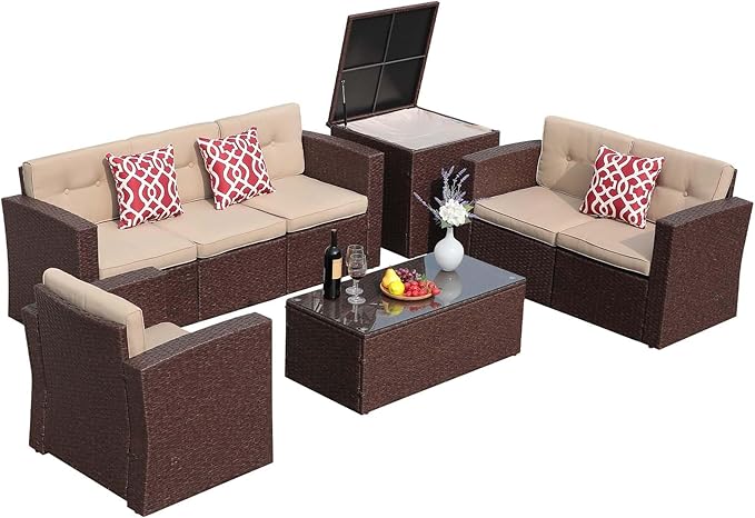 JOIVI 8 Pieces Outdoor Patio Furniture Set with 88 Gallon Storage Box, Rattan Wicker Patio Conversation Set with Coffee Tea Table, Outdoor Sectional Furniture Sofa Set with Cushions, Brown